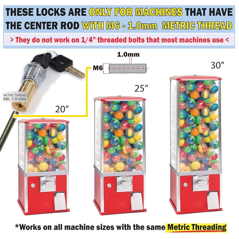 ACKSTAR Store Gumball Machine Lock and Key - Top Lid Lock & Key for Gumball Vending Machine with Metric Thread M6-1.0 mm Center Rod. 2in Capsule Machine & Candy Machines - Replacement Part - (2pc-Flat Key Auk 1) - Image 2